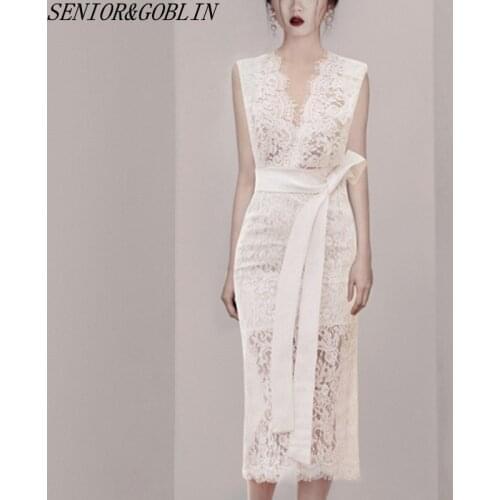 2019 New Arrive High Quality Runway White Lace Dress Summer Women Sleeveless Sexy Long Party Dress Lace Up Black Vestidos