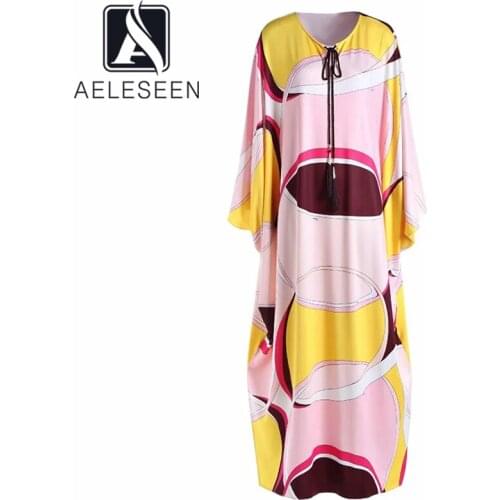 AELESEEN Srping Autumn Maxi Long Women Dress Runway Fashion Batwing Sleeve Loose Contrast Color Goemetric Print Maxi Dress