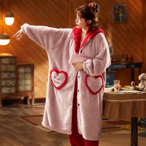 Winter Pajamas Intensification Pyjamas Plus Size Plush Nightgown Set Loose Version Hooded Women Sleepwear Keep Warm Medium Style