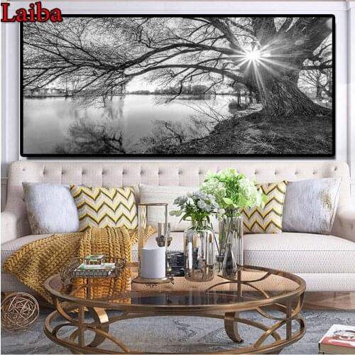 5D DIY Diamond Painting Black and white lakeside tree scenery Diamond Embroidery Needlework Full Round Square mosaic Rhinestone