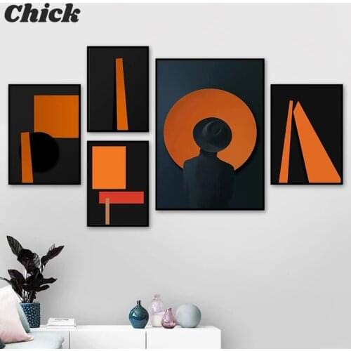 Abstract Fashion Clipart Man With Black Hat Canvas Painting Poster Living Room Bedroom Print Black Orange Wall Art Picture