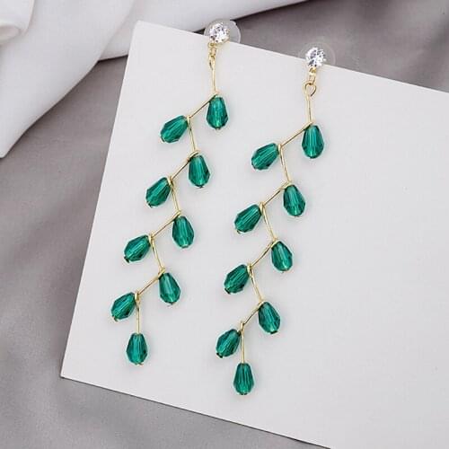 Bohemia Long Drop Earrings Gold Color Crystal Earring Green Acrylic Beads Tassel Dangel Earrings for Women Fashion Jewelry Charm
