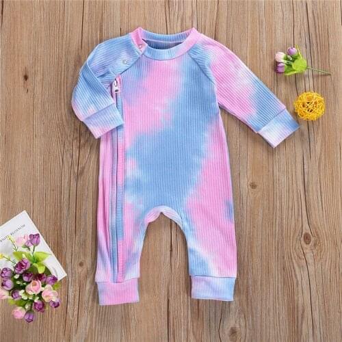 0-24M Newborn Baby Girl Boy Tie dye Romper Fashion Zipper Long Sleeve Colorful Jumpsuit Spring Fall Baby Clothing Ribbed Outfits