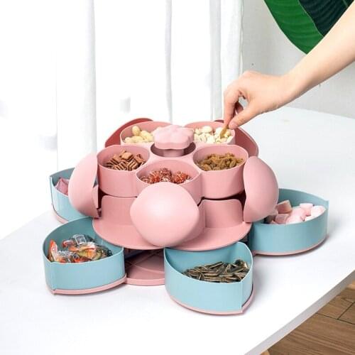 Two-deck Rotating Petal-Shape Candy Box Snack Nut Box Flower Candy Fruit Plate Food Storage Case Dried Fruit Storage Organizer