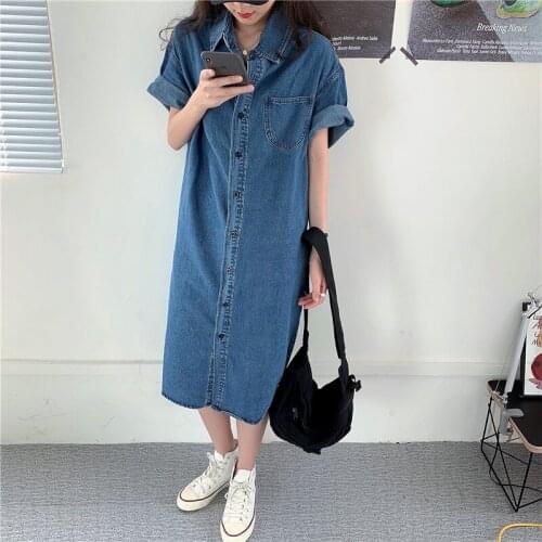 Retro Denim Dress Girl Single-Breasted Lapel Loose Denim Dress Women Knee Length Pocket Jeans Dress Women Plus Size Blue Vesitdo