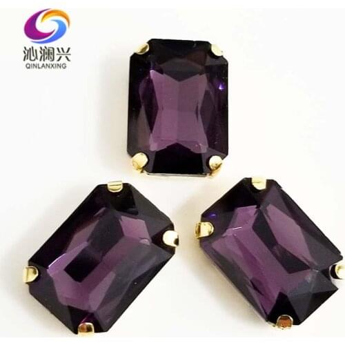 Deep purple Rectangle shape Glass Crystal sew on stones,golden bottom claw rhinstone,Diy/Clothing accessories SWCG16