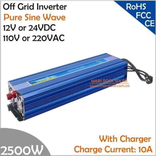 2500W Off Grid Inverter with charger, Surge Power 5000W DC12V/24V AC110V/220V Pure Sine Wave Power Inverter with charge function