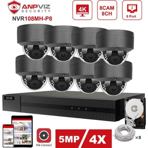 Hikvision OEM 8CH 4K NVR Anpviz 4/6/8pcs 5MP 4X Zoom IP Camera POE IP Security System Indoor/Outdoor Plug & Play IP66 P2P 30m IR