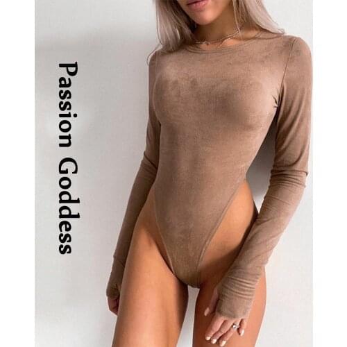 Elegant Women Slim Suede Bodysuit Rompers Long Sleeve Basic Short Overalls Jumpsuits Autumn Winter Solid Color Bodysuits mujer