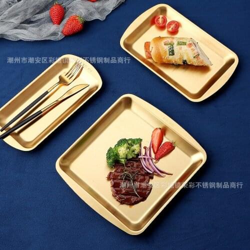 Stainless steel Korean plate rectangular gold tray handicraft decoration flat bottom barbecue meat plate Western Restaurant