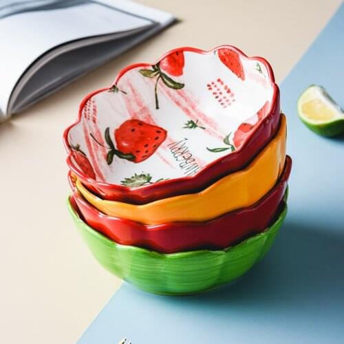 6" INS Creative Japanese Ceramic Bowl Cute Noodle Bowl Strawberry Round Lace Bowl Soup Rice Bowl Household Tableware Salad Bowls