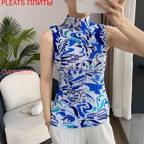 Miyake Folds 2021 Spring and Summer New High-neck Temperament Vest Sleeveless Bottoming Shirt Printed Top Slim Slimming Pleats