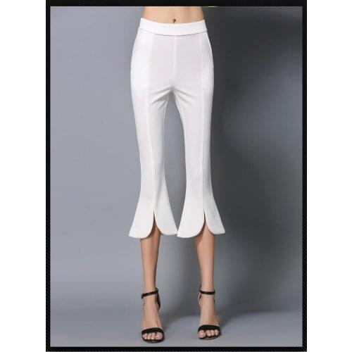 Slim Petals Flared Pants Trousers Women Elegant Office Work Calf-Length Elastic Waist Party Pants Capris