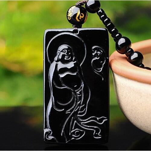 Natural Obsidian Buddha Pendant Fashion Boutique Jewelry Mens and Womens Hand Carved Big Belly Buddha Necklace Accessories