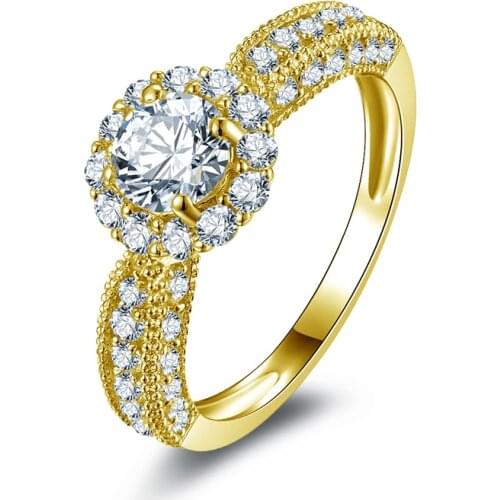 QYI Luxury 14k Solid Yellow Gold Halo Ring For Women Round Cut Sona Simulated Diamond Wedding Engagement Rings