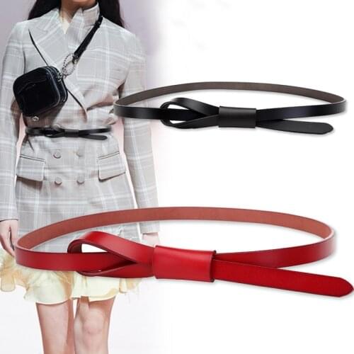 Thin Real Leather Women Belt Korean Casual Ladies Knot Belts for Dresses Autumn Camel Self Tie Strap Accessories