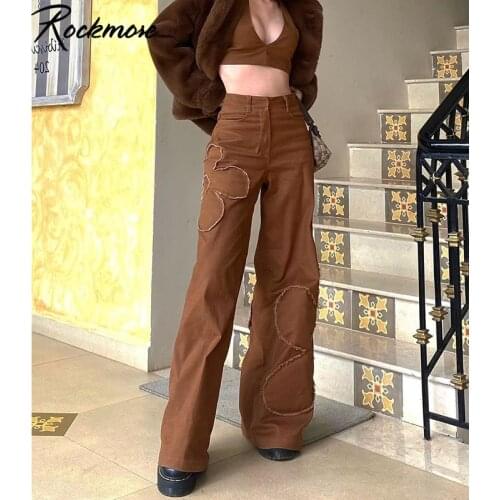 Rockmore Y2K Vintage Flower Patches Loose Jeans Women 90s Aesthetic Wide Leg Denim Pants Brown High Waist Straight Trousers 2021