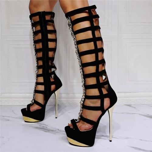 Luxury Designer Women Gladiator Sandals Platform Boots Front Chain Metal High Heels Strappy Summer Hollow Out Party Shoes Woman