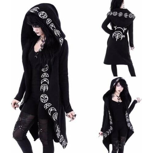 Gothic Punk Black Long Women Hoodies Sweatshirts 2021 Autumn Moon Print Long Sleeve Hoodie Women Loose Coat Hooded Sweatshirt