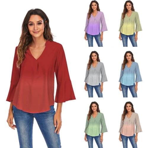 Blouse Women 2021 New Fashion Europe Hot v-neck Lotus Leaf Gradient Printing Loose Chiffon Blouse Blusas Dropshipping YFF6325