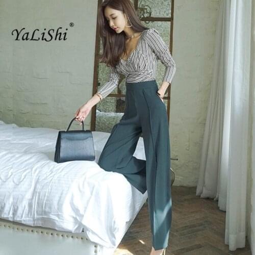 2 Piece Set 2021 Autumn Women OL Business Suit Elegant Office Long Sleeve V-Neck Tops and Wide Leg Pants Set Two Piece Pant Suit