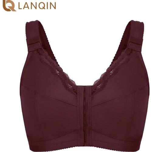 Womens Cotton Plus Size Front Closure Lace Wireless Support Posture Bra