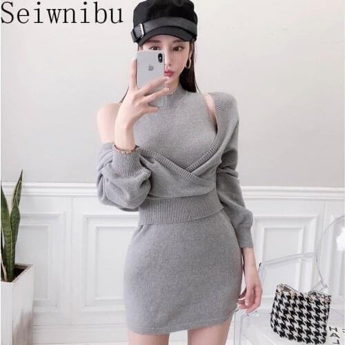 2 Piece Set Autumn Grey Knitted V neck Batwing Sleeve Top Elegant Women Dress O neck Wrap Pencil Mini Dresses Sexy Party Clothes