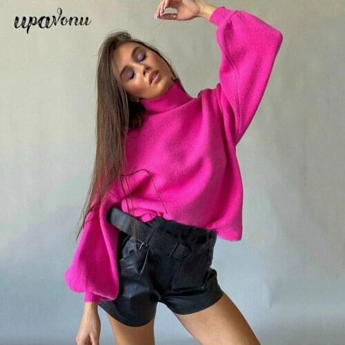 Free Shipping Fashion Rose Red Turtleneck Knit Sweater Womens Lantern Long Sleeve Loose Short Pullover Casual Autumn Sweater