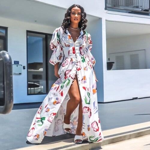 Women Floral Print Long Maxi Dress Autumn Long Puff Sleeve Sexy Deep V Neck Front High Split Floor Length Button Up Beach Dress