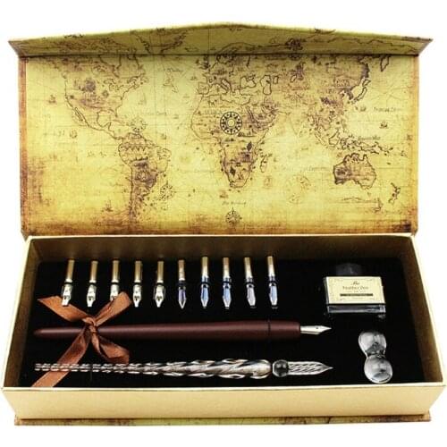 1set Nibs Wooden Dip Pen Set Glass Calligraphy Pen Set for Cartoon Lettering Art M2EC