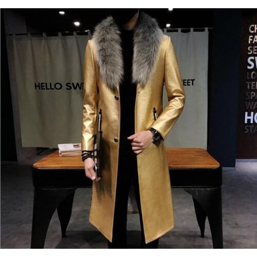 2020 fashion large size long mens leather jacket large fur collar warm winter fashion leather jacket PU gold windbreaker