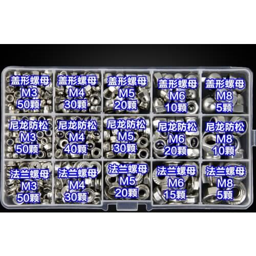 Free shipping one set 200pcs 304 Stainless Steel Hex Nut Screw Cap Flat Washer Spring Pad Home Set M3M4M5M6M8