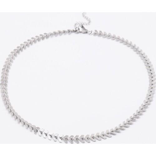 2020 Fashion 316L Stainless Steel Gold Tone Fish Bone Choker Necklace for Women Arrow Link Short Collar Chains Necklaces 38cm