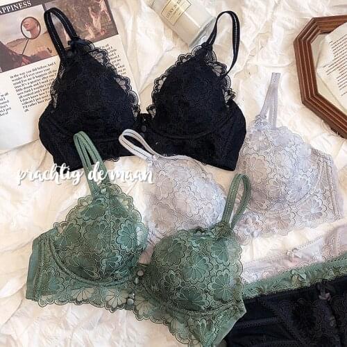 Cup Triangle Thin Cotton Cup Bra And Panty Set Comfortable Push Up Full Floral Lace Underwear Lingerie Girls Green Wire Free