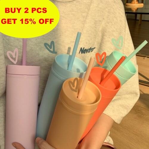Creative Straw Cup Colorful Double-Layer Plastic Frosted Water Cup Coffee Juice Straw Mug Simple Cute Portable Cup With Straw