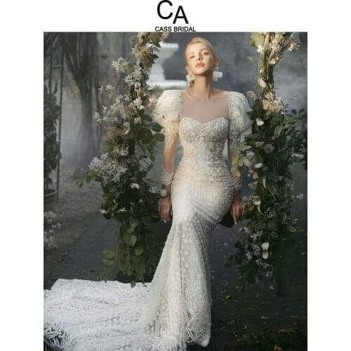 Lace mermaid wedding dress light champgne luxurious sequins beadings full length long fishtail sexy zipper chapel train