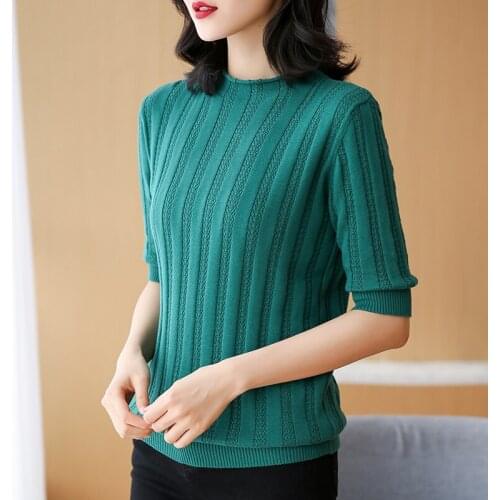 Summer new style cotton semi-high solid color round neck hollow jacquard short-sleeved loose short pullover bottoming shirt