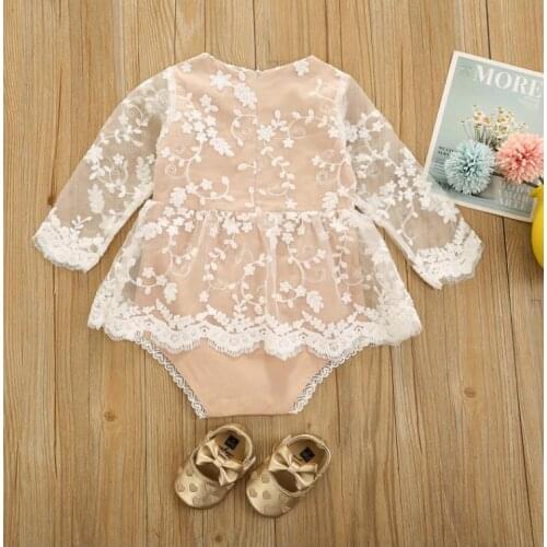 Emmababy Baby Girl’s Fashion Romper Long-sleeved Lace Romper Dress Fresh Solid Color Lace Stitching Skirt Triangle Romper 0-24M