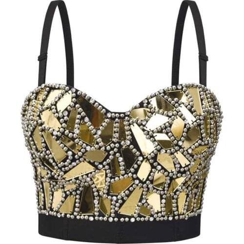 Gold Beading & Mirror Fashion Rave Rock Spaghetti Strap Push Up Bra Sexy Bralette Top Dance Party Club Wear Brasieres De Mujer