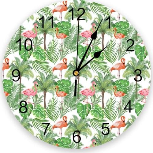 Flamingo Palm Leaves 3d Wall Clock Modern Design Farmhouse Decor Kitchen Vintage PVC Round Clock Living Room Decoration