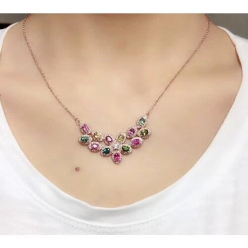 Natural Multicolor tourmaline Pendant necklace S925 silver Natural gemstone necklace 2 Row Flower women wedding gift jewelery