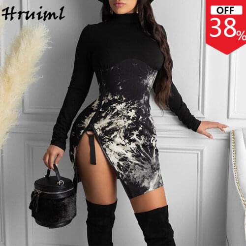 Black Dress for Women Long Sleeve Turtleneck Bodycon Mini Dress Fashion Tie Dye Print Zipper Dresses Autumn Kobieta Sukienka