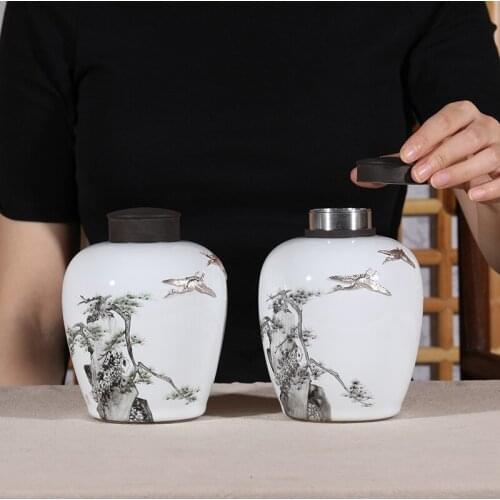 View restoring museum hand-painted pastel pine crane caddy jingdezhen ceramic household seal POTS boutique high-end