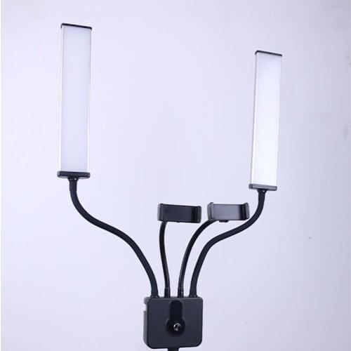 Widely used indoor and outdoor live broadcast 2 arm LED video fill light with 2 mobile phone holders and adjustable tripod