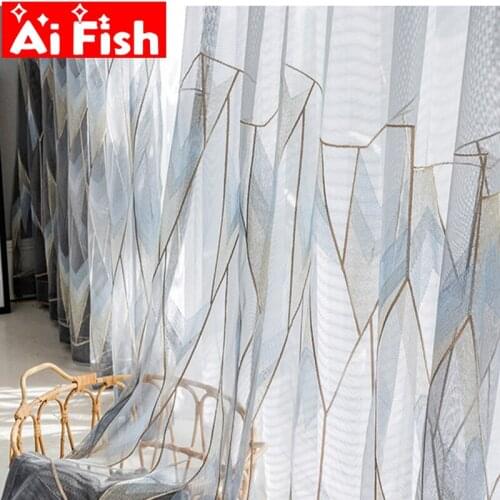 Grey Gold String Geometric Voile Tulle Curtains for Bedroom Exquisite Nordic Embroidered Sheer Window Treatment Curtains zh055#4