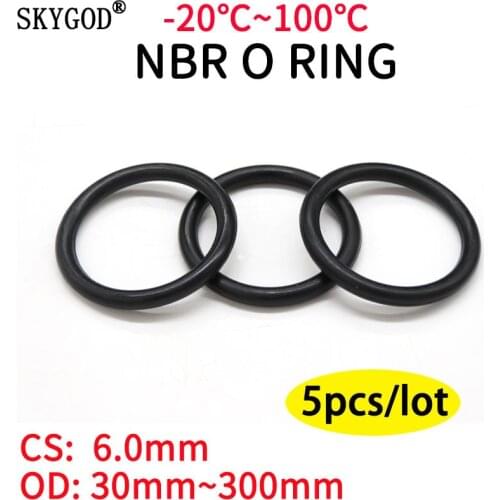 5pcs NBR O Ring Seal Gasket Thickness CS 6mm OD 30~300mm Nitrile Butadiene Rubber Spacer Oil Resistance Washer Round Shape Black