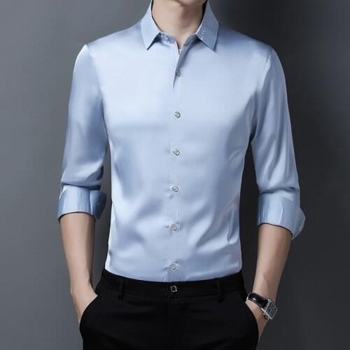 High quality Mens silk shirts pure color male casual satin silk dress long sleeve silk dress shirts