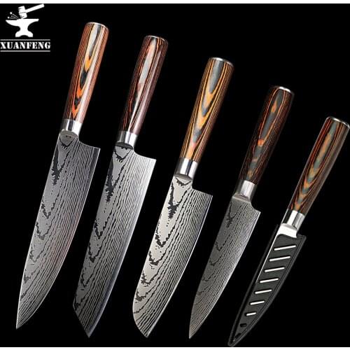 XUAN FENG Chef Knife Laser Damascus Stainless Steel Knife Kitchen Slicing Knife Cooking Vegetable Meat Knife 5 Piece Set