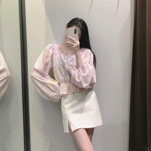 Baldauren women 2021 Fashion Tie-dye Short Shirt Retro Square Collar Long-Sleeved Slim Bottom Elastic Shirt Streetwear