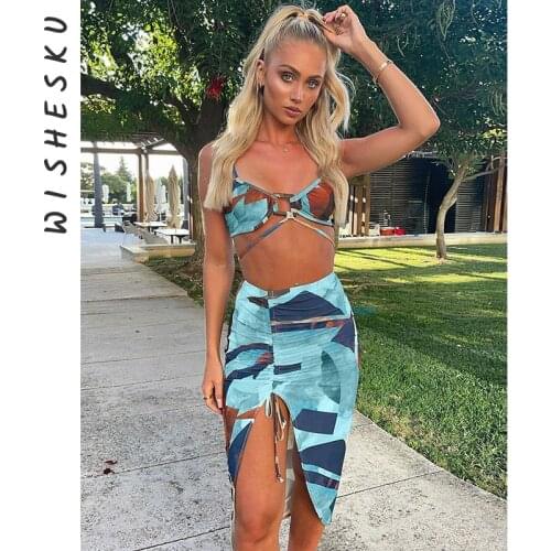 Printed Halter Crop Top And Side Slit Skirt Sets Sexy Midnight Club Two Piece Outfits For Women Bandage Party Wear Matching Set
